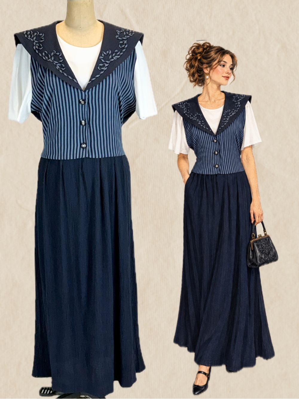 VINTAGE 80s sailor collar maxi dress nautical stripe ribbon embroidery teacher